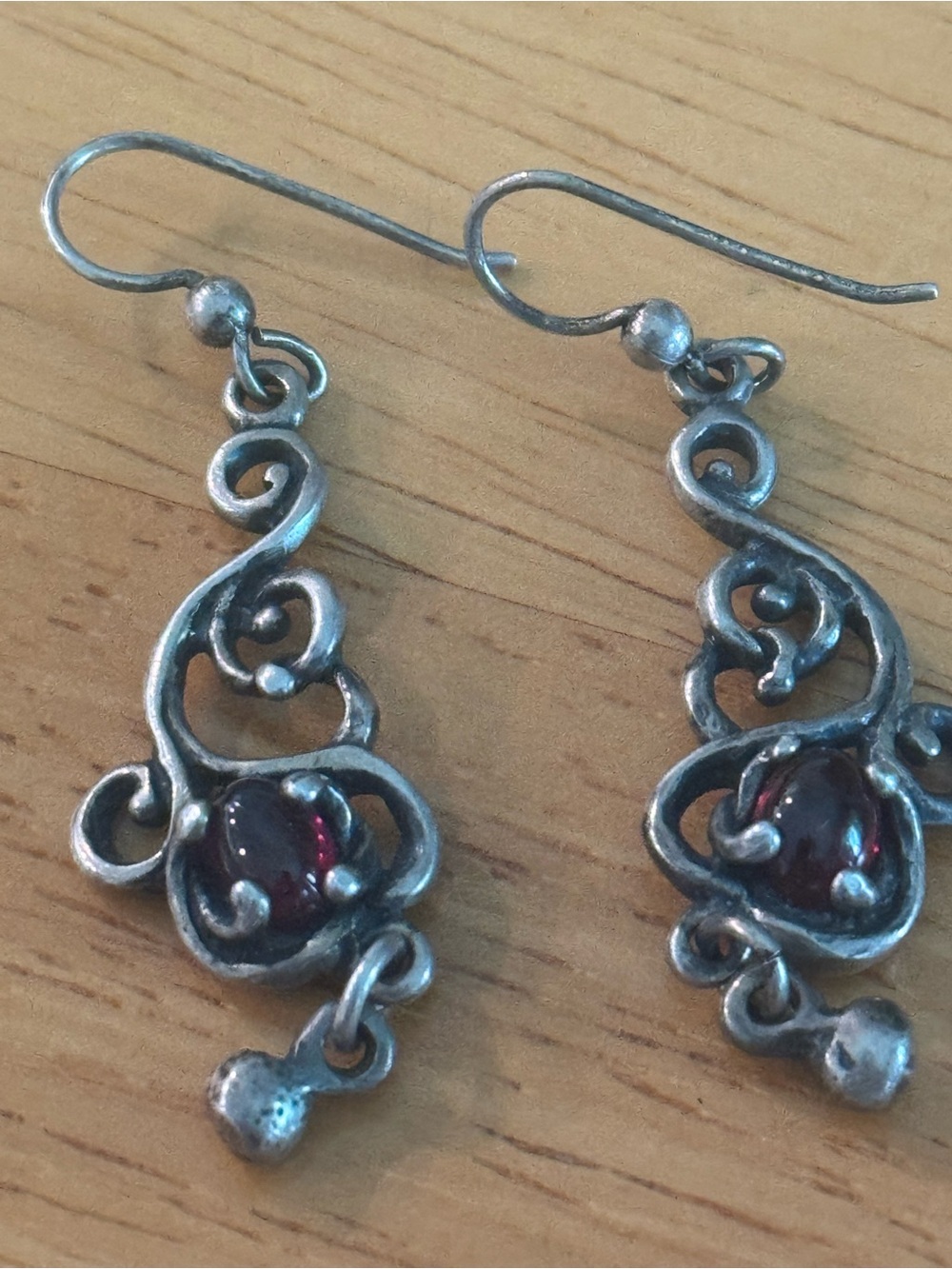 Vintage Sterling Silver Filigree Drop Earrings with Garnet Accent - Red